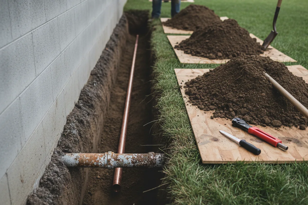 Excavated water line trench during Water Softener Installation in Plato